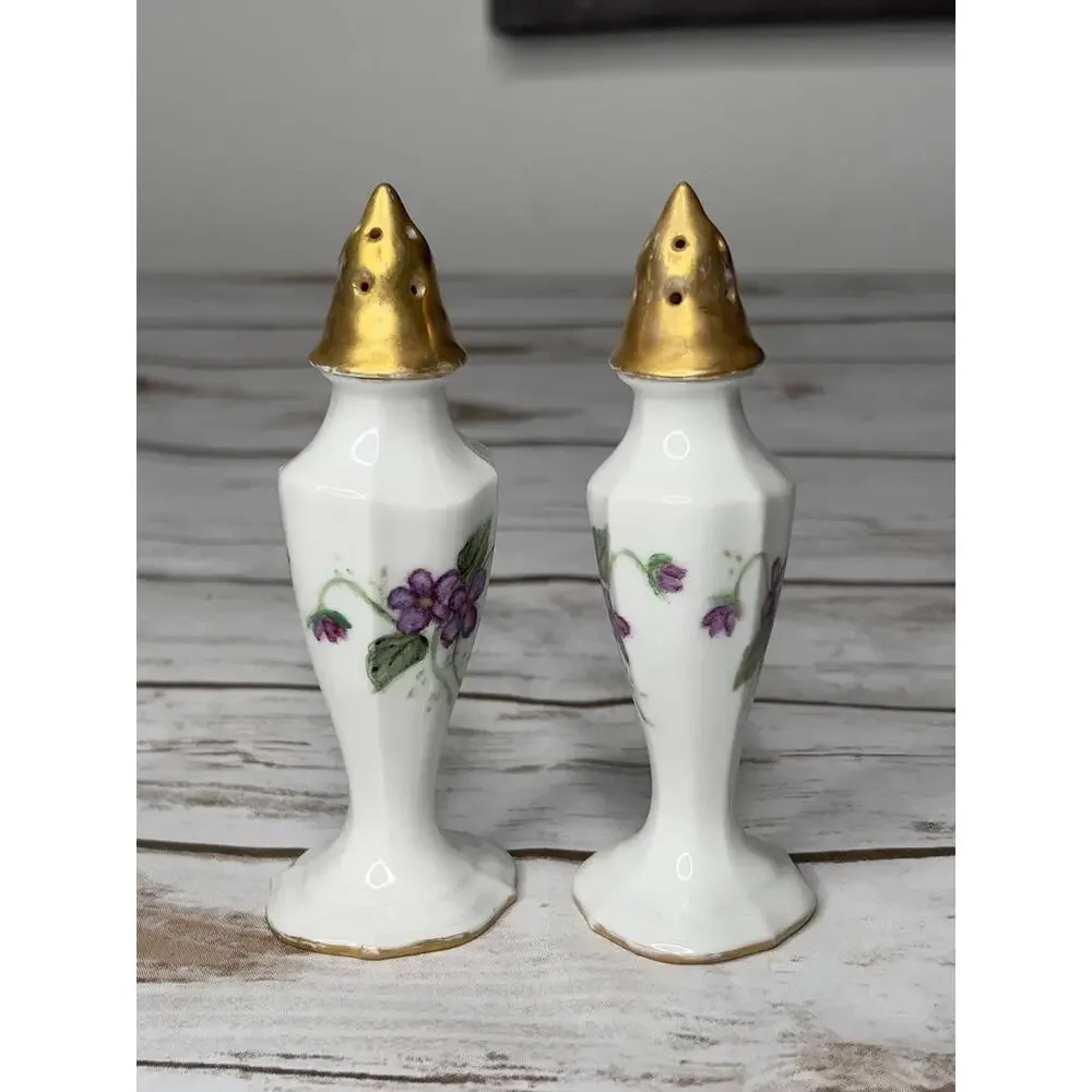 Vintage 1952 Porcelain Salt and Pepper Shakers with Hand-Painted Violets